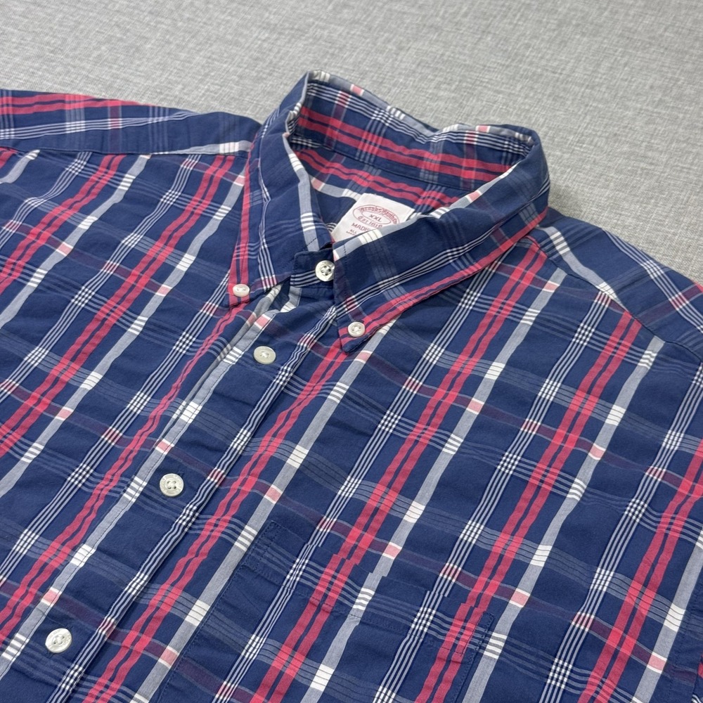 Brooks Brothers Button-Up Shirt Mens 2XL Blue Red Plaid Short Sleeve Cotton
